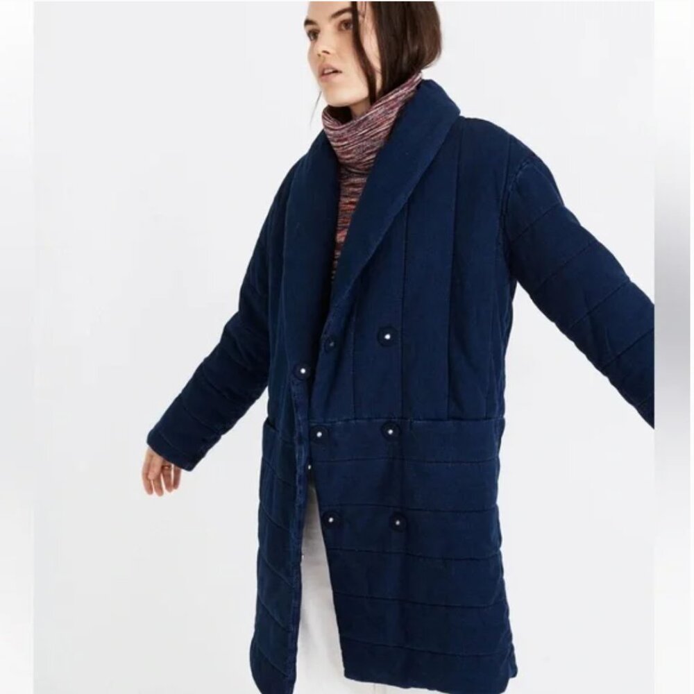 Madewell Dumont Dark Blue Navy Denim Wash Double Breast Quilted Coat Jacket